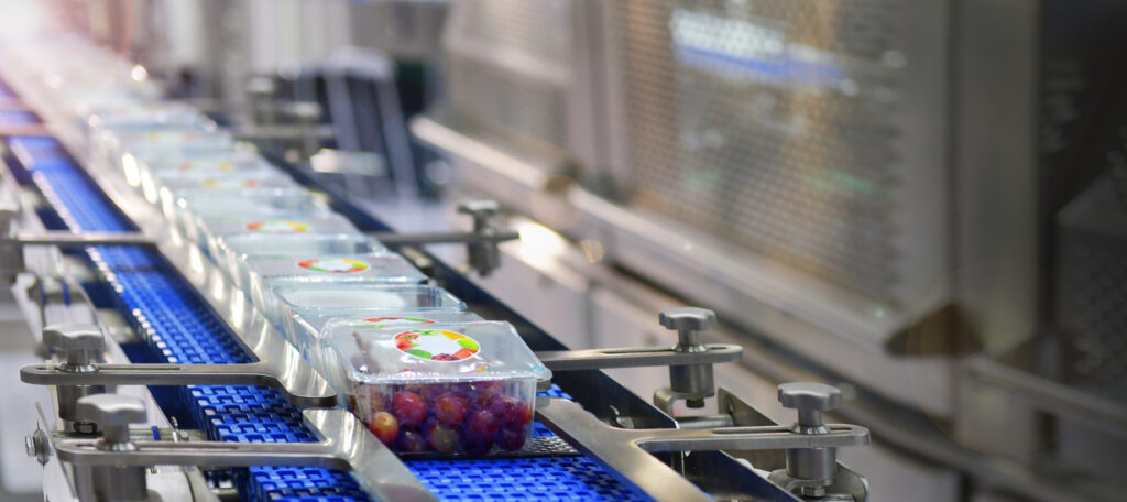 Food products boxs transfer on Automated conveyor systems industrial automation for package.Space for text